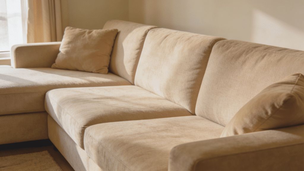 How Long Is a Couch for Standard Room Layouts? beige sectional couch with chaise in living room shwocasing how long a couch is through its extended seating and design