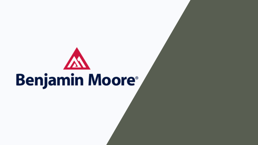 benjamin moore logo with red triangular emblem and blue text on a light background with a vintage vogue coloured angled section on the right side