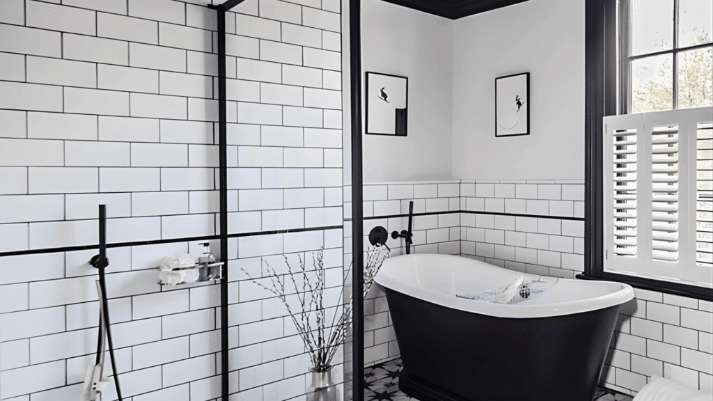 black freestanding bathtub with patterned tile accent wall and checkered floor in elegant minimalist japanese bathroom design style