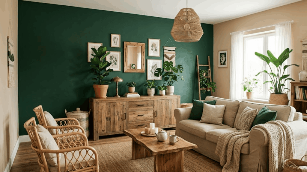 bohemian living room with green wall wooden furniture plants and woven decor in warm tones