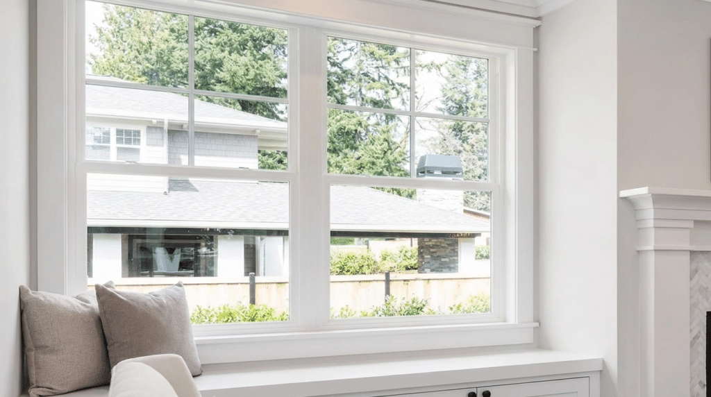 bright interior window with white trim overlooking neighboring house and greenery with cushioned seat below window