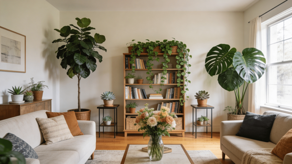 bright living room filled with various indoor houseplants