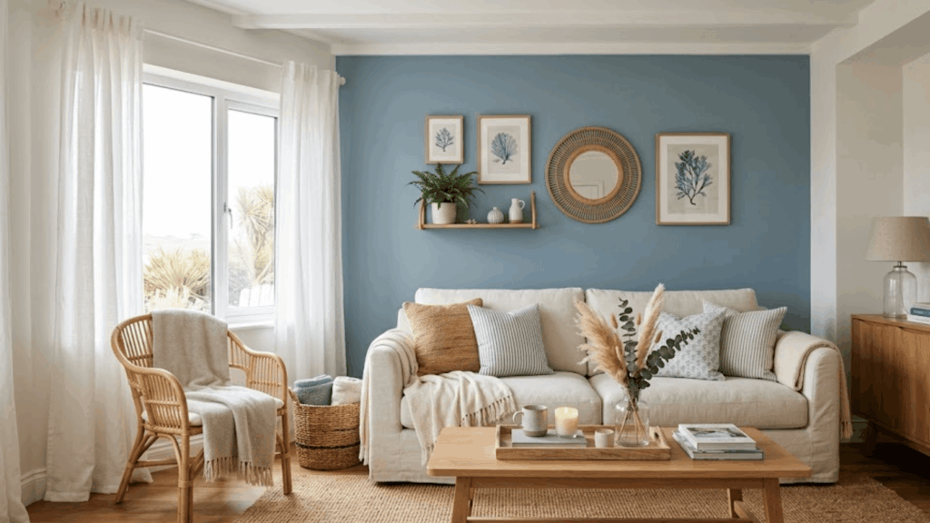 bright living room with blue wall beige sofa wooden table plants and natural window light