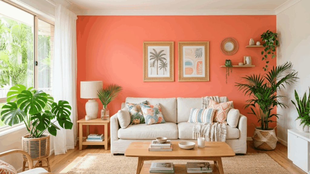 bright living room with coral wall beige sofa wooden table plants and large window light