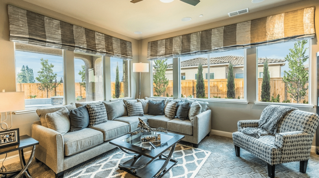 bright living room with large corner windows sectional sofa patterned pillows glass coffee table and view of fenced backyard