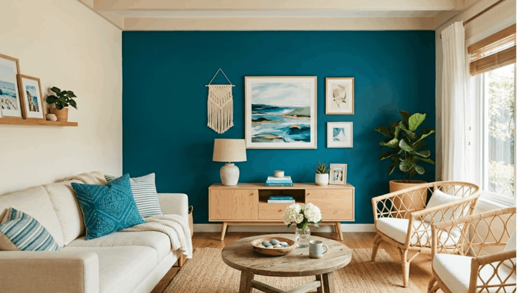 bright living room with teal wall wooden cabinet sofa plants and framed art with natural light