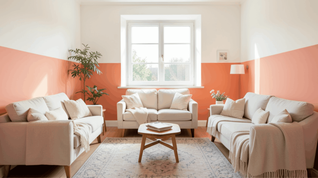 bright living room with three sofas wooden table soft rug orange and white walls plants and sunlight through window (1)