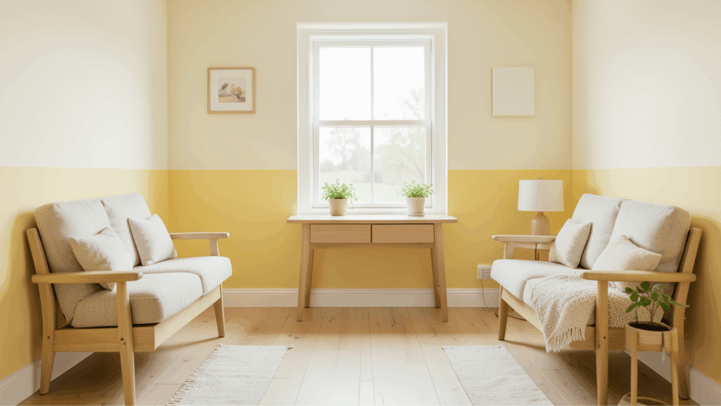 bright living room with two light sofas wooden table yellow and white walls plants and soft daylight from window