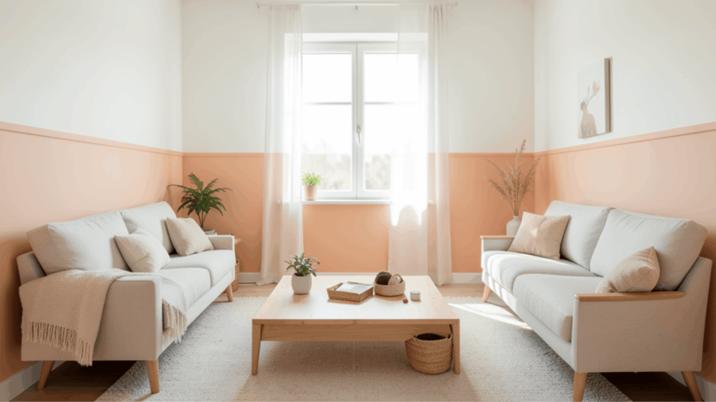 bright living room with two sofas wooden table soft rug peach walls indoor plants and sheer curtains by window