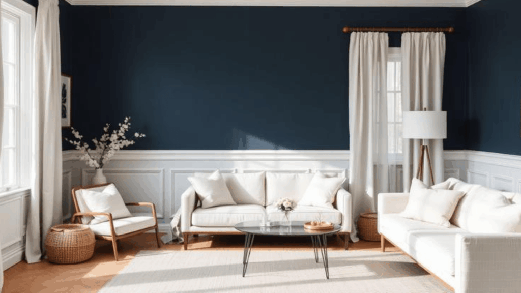 bright living room with white sofas glass table blue walls large windows curtains and wooden floor