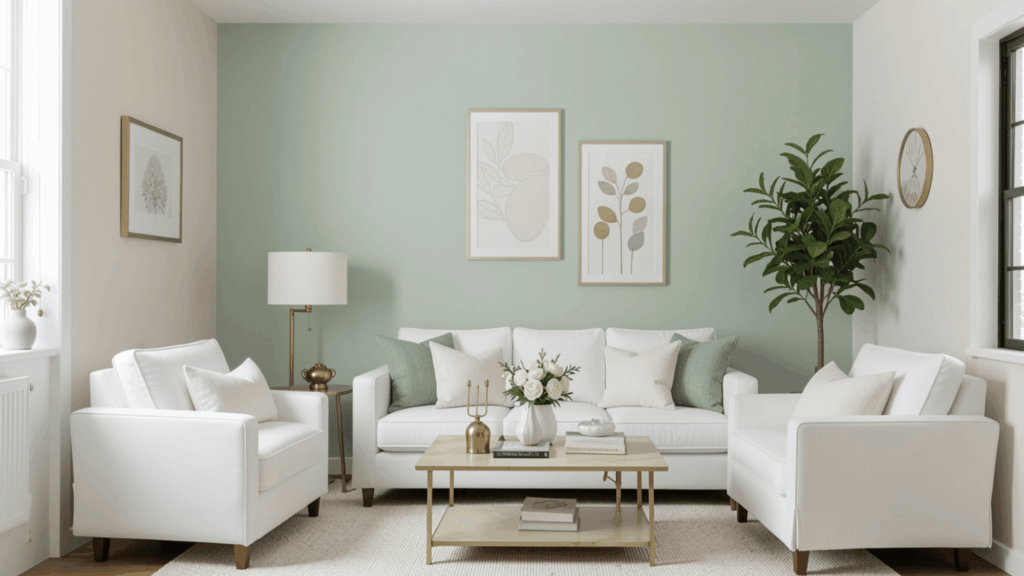bright living room with white sofas green wall art plants and soft natural light creating calm space