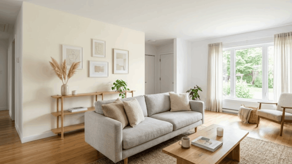 bright minimal living room with beige sofa wooden furniture plants and large window light