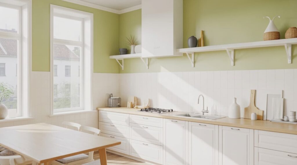 bright modern kitchen interior with white cabinets wooden countertop and green two tone wall colors examples above tiled backsplash