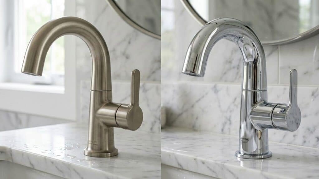 brushed nickel vs chrome faucet comparison showing matte nickel texture and shiny chrome finish
