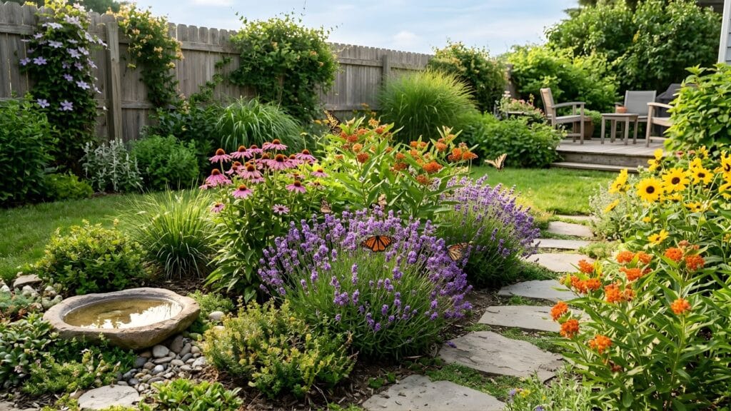 butterfly and pollinator garden with flowers stone path and birdbath showing backyard oasis ideas