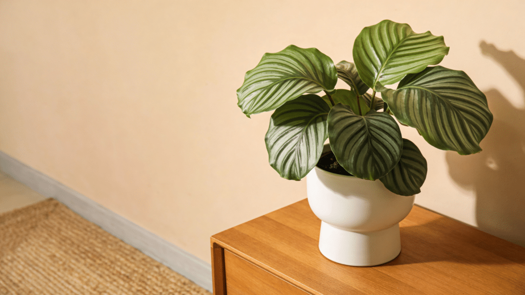 calathea plant with striped leaves in modern pot