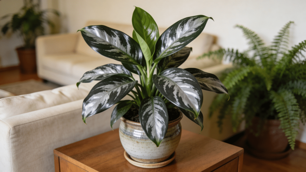 chinese evergreen plant with patterned leaves on table
