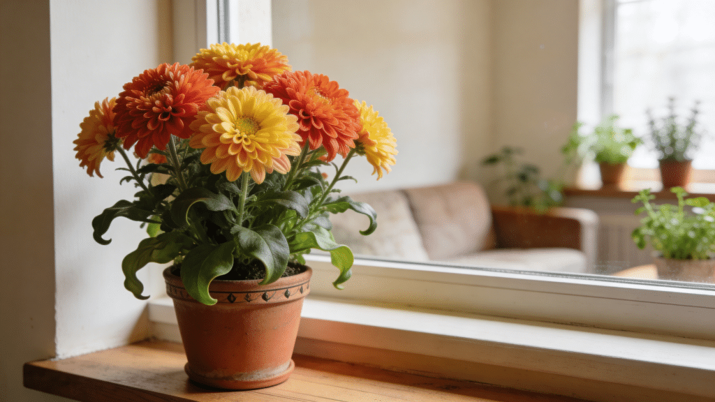 chrysanthemum flowers in pot placed on sunny window sill