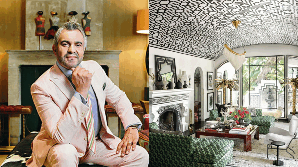 classic elegant room with detailed ceiling and patterned green seating