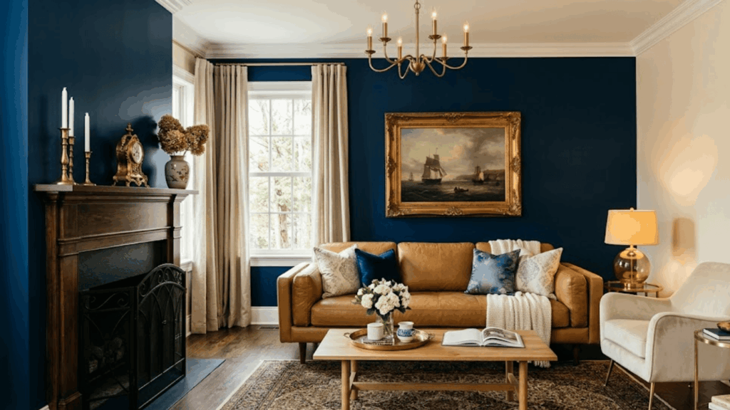classic living room with blue wall leather sofa fireplace wooden table and elegant decor