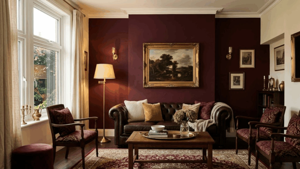 classic living room with dark red walls leather sofa wooden table and traditional decor style