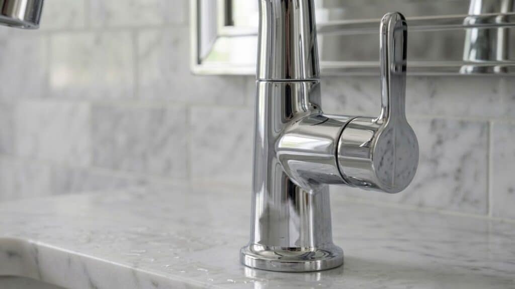 close up of chrome faucet showing reflective polished surface while comparing polished nickel vs finished chrome