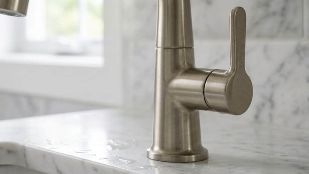 close up texture of brushed nickel faucet finish while comparing polished nickel vs finished chrome