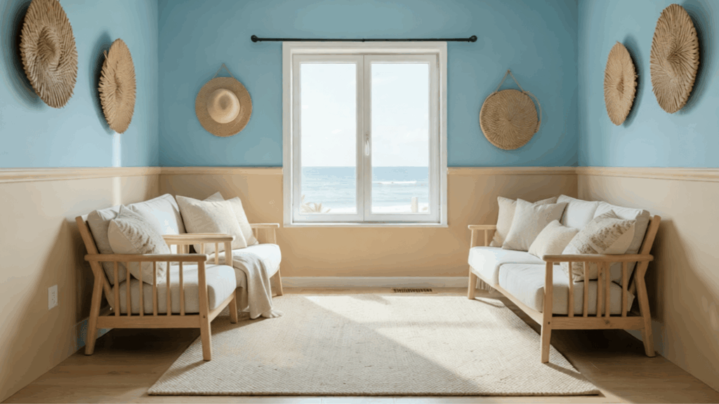 coastal style room with two wooden sofas blue and beige walls woven decor and ocean view through window