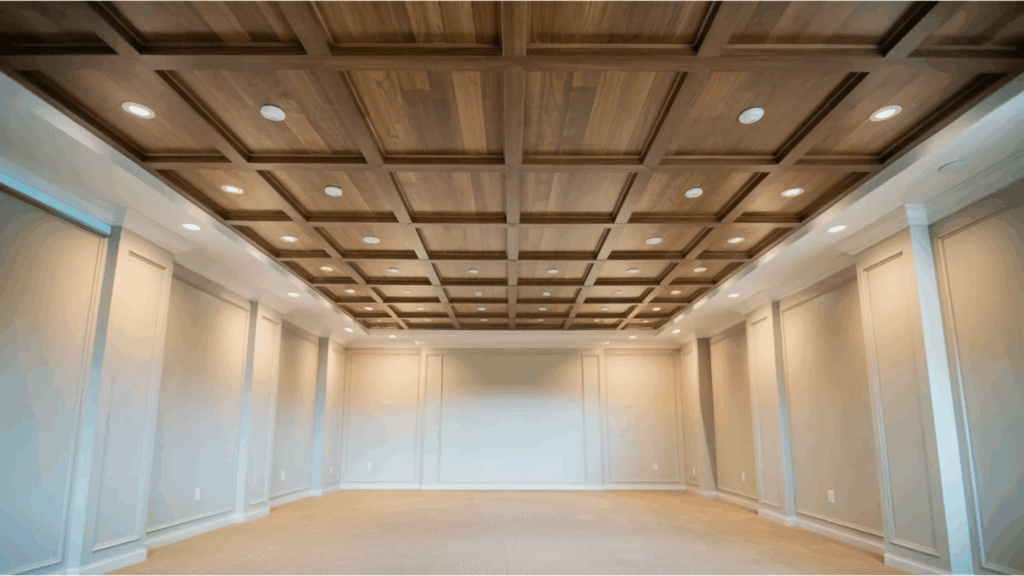 coffered wood ceiling with recessed lights in a modern room porch ceiling ideas