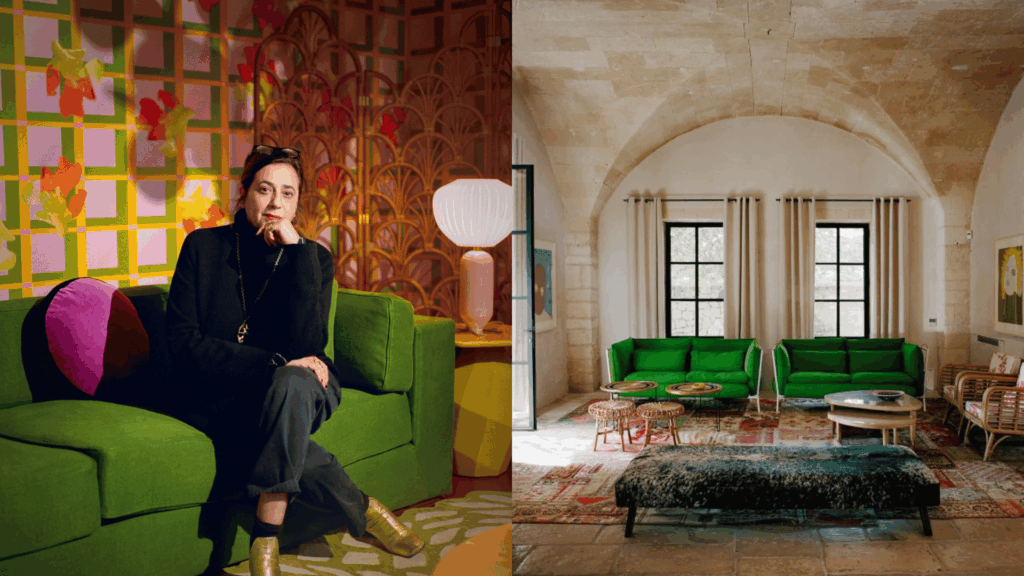 colorful artistic living room with green sofa and playful patterns