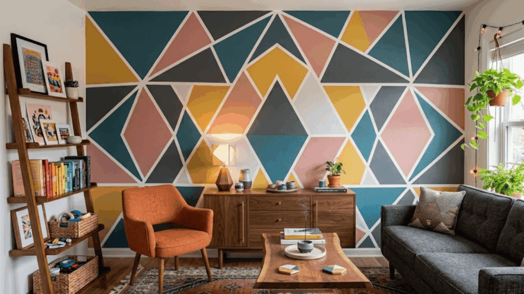 colorful geometric wall design in living room with sofa chair wooden table and indoor plants