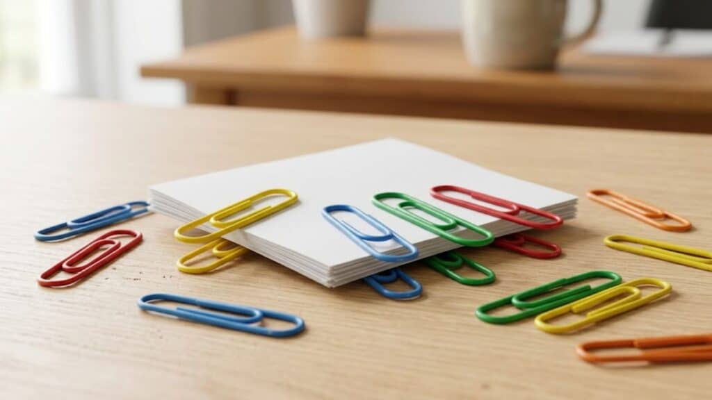 colorful plastic coated paper clips holding papers showing grip protection and organized file sorting use