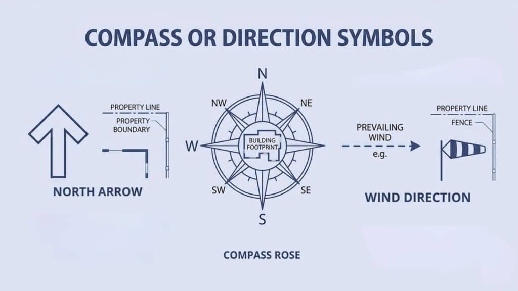compass or direction floor plan symbol showing north arrow used to orient building layout on site plans