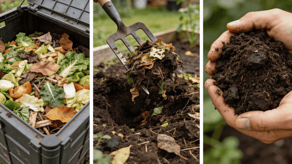 How Long Does It Really Take to Make Compost? compost bin scraps turning process and finished soil in hands showing how long does it take to make compost