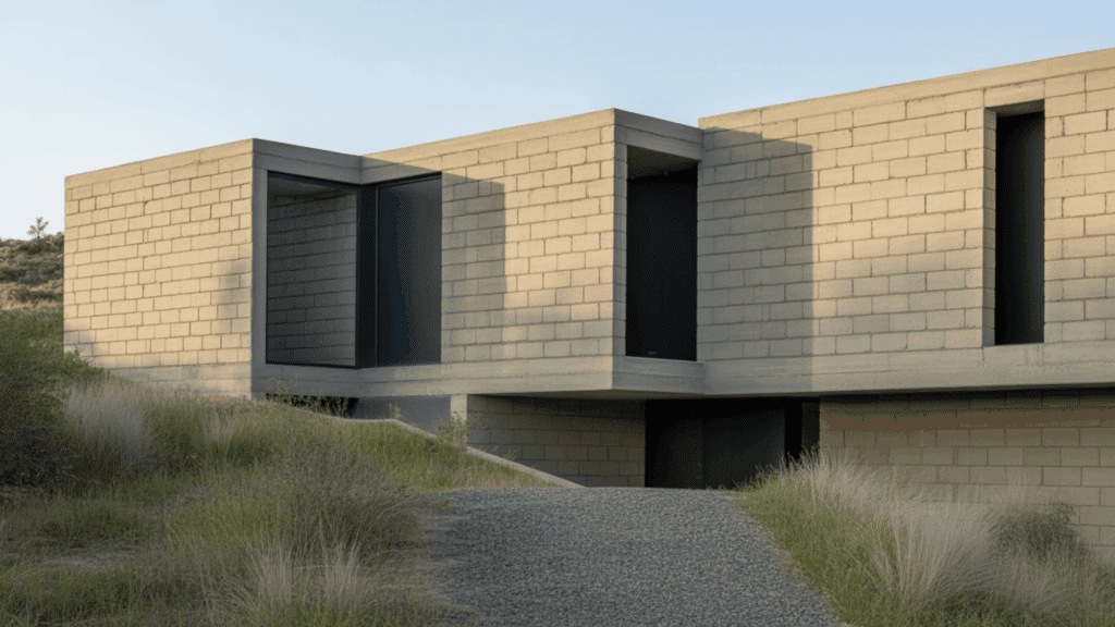 concrete block house exterior with cmu walls large windows and gravel pathway in natural surroundings