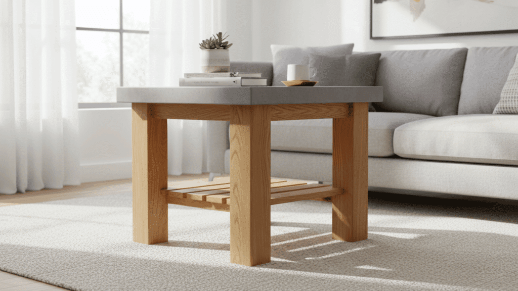 concrete top end table with thick wooden legs and lower shelf placed beside a sofa in a bright living room setting