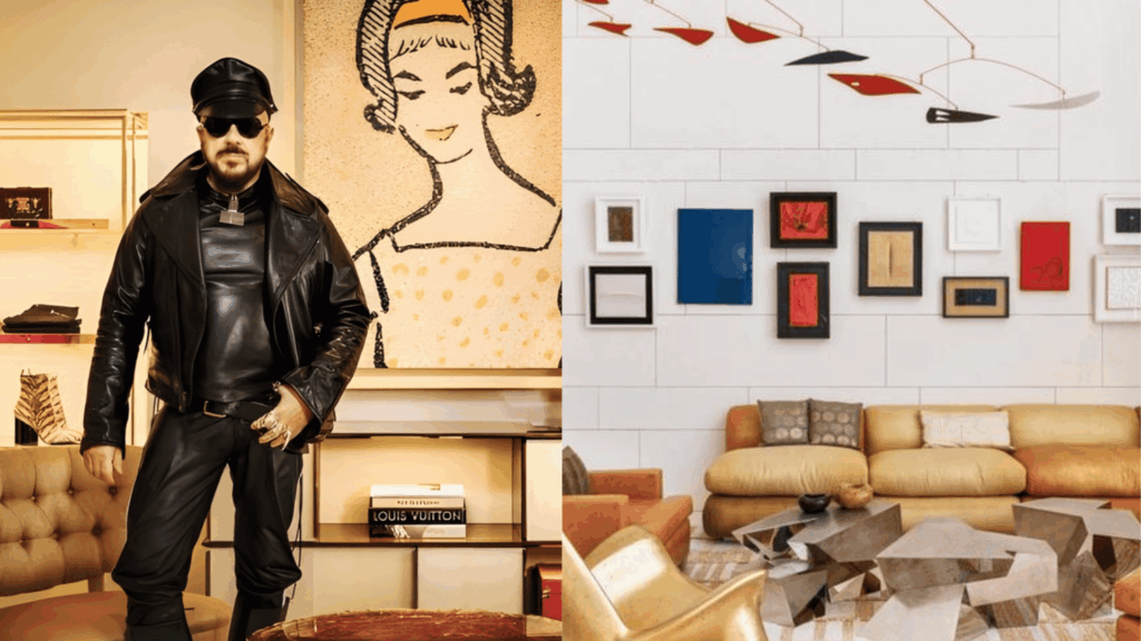 contemporary lounge with abstract wall art and geometric furniture