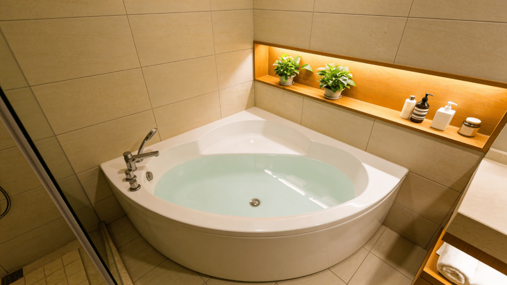 corner bathtub filled with water and shelf decor