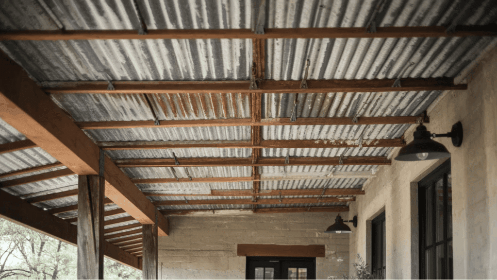 corrugated metal ceiling with rustic beams on the porch porch ceiling ideas