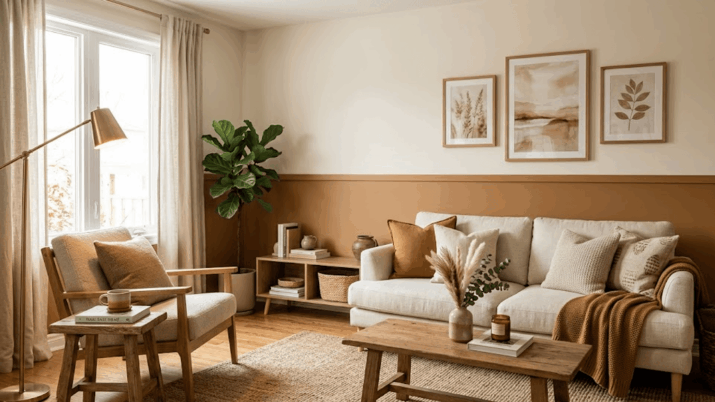 cozy living room with beige and brown wall sofa wooden table plants and soft natural light