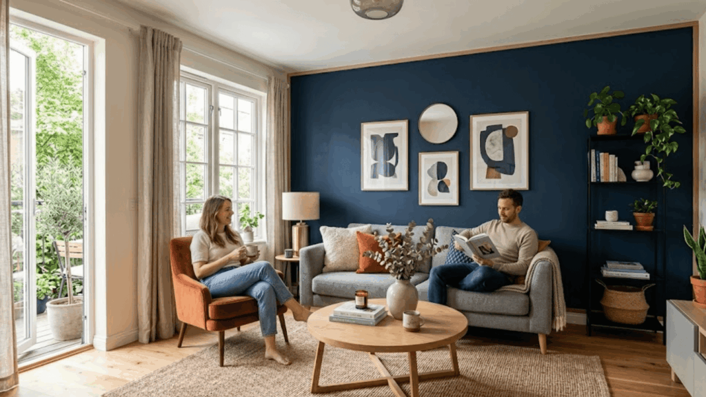 41 Accent Wall Paint Ideas for Your Living Room cozy living room with blue wall sofa wooden table plants and couple relaxing with books