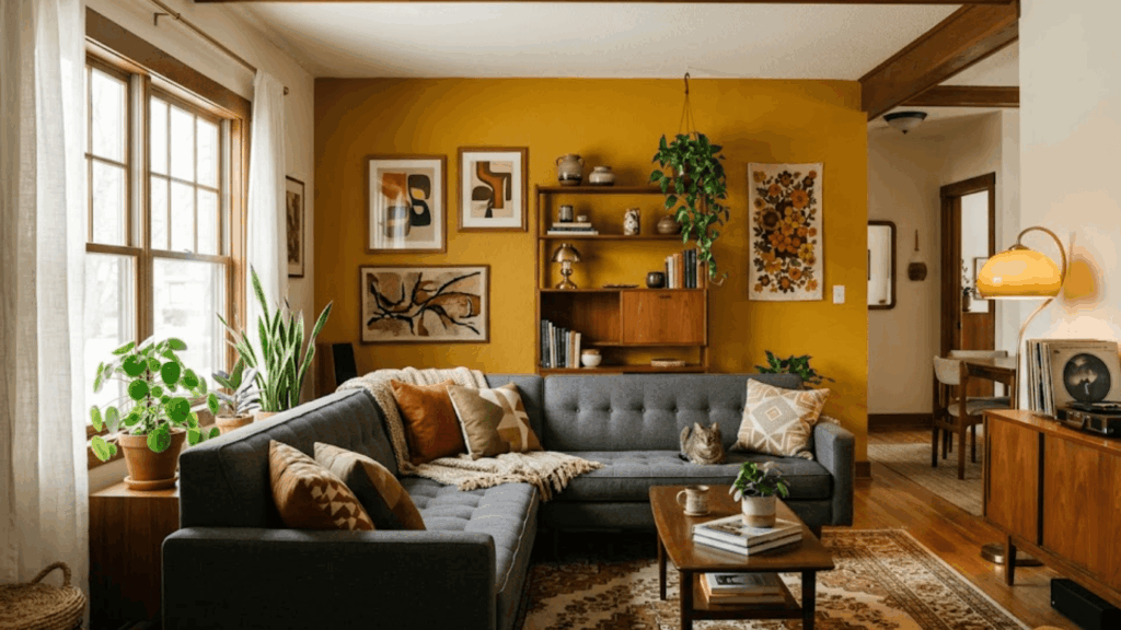 cozy living room with mustard wall gray sofa wooden shelves plants and warm decorative accents