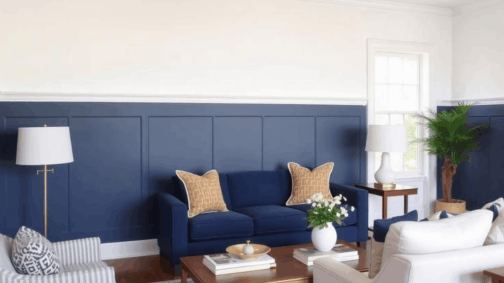 cozy living room with navy wall blue sofa plants and light decor creating balanced modern space