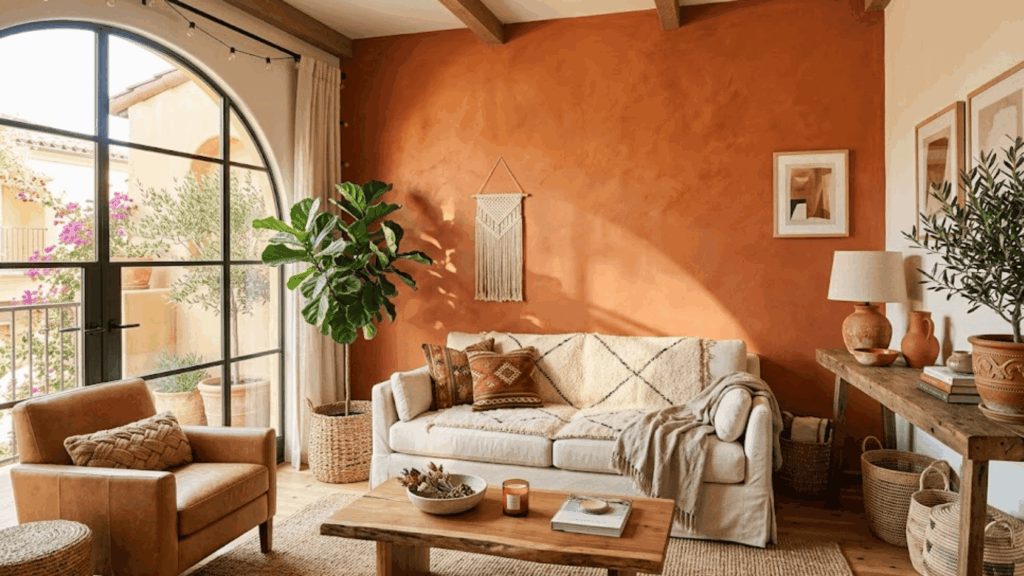 cozy living room with orange wall sofa plants wooden table and natural light from large window