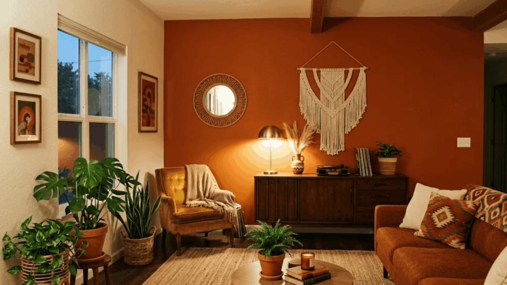 cozy living room with rust wall wooden cabinet plants sofa and warm soft lighting ambiance
