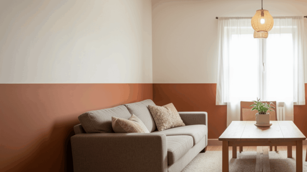 cozy living room with sofa wooden table warm lighting plants and two tone walls with window curtains