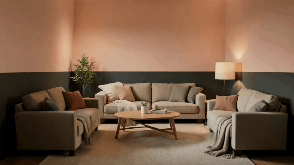 cozy living room with three sofas wooden table soft rug pink and dark walls warm lighting and indoor plant