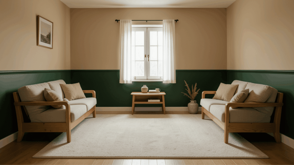 cozy living room with two wooden sofas green and beige walls soft rug small table and natural light through window