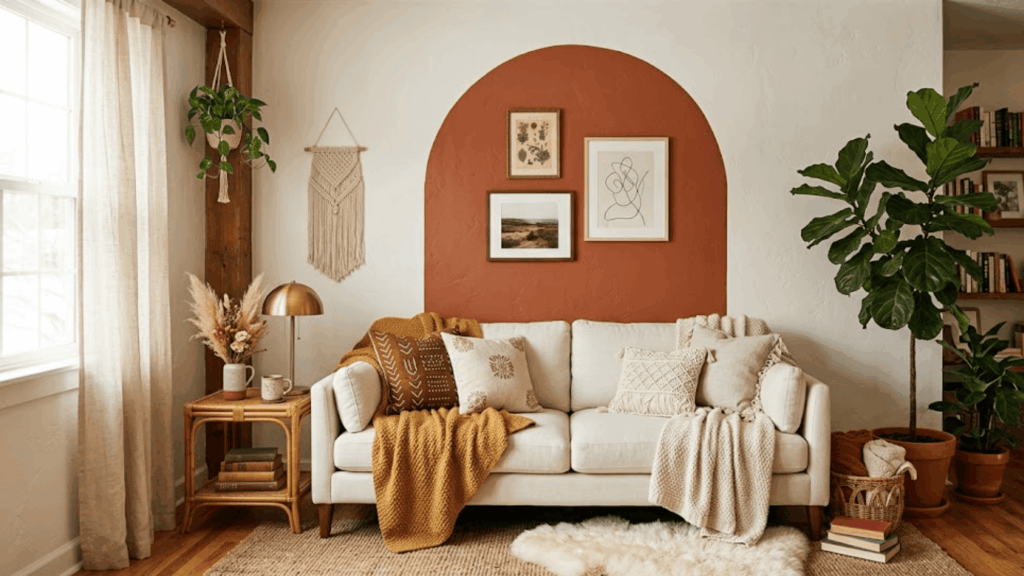 cozy living room with warm tones sofa textured pillows plants and decorative wall art