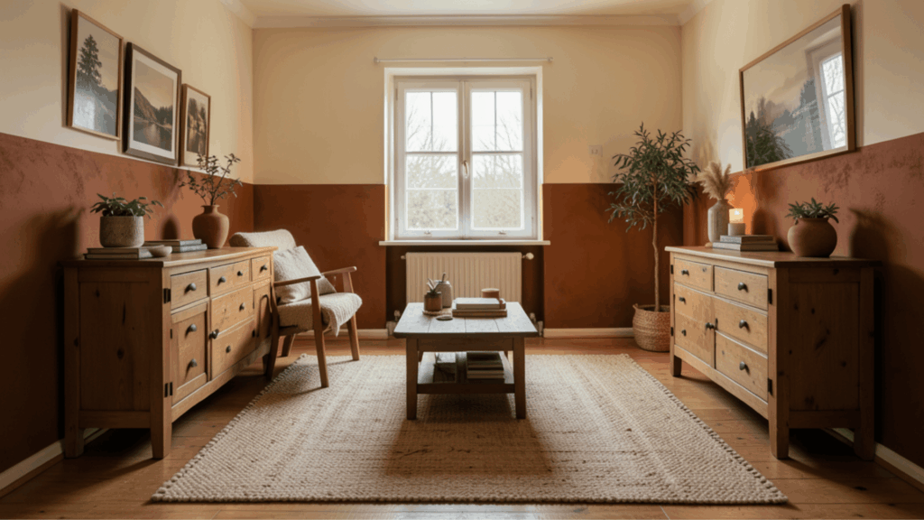 cozy living room with wooden cabinets coffee table soft rug warm brown and cream walls plants and framed artwork